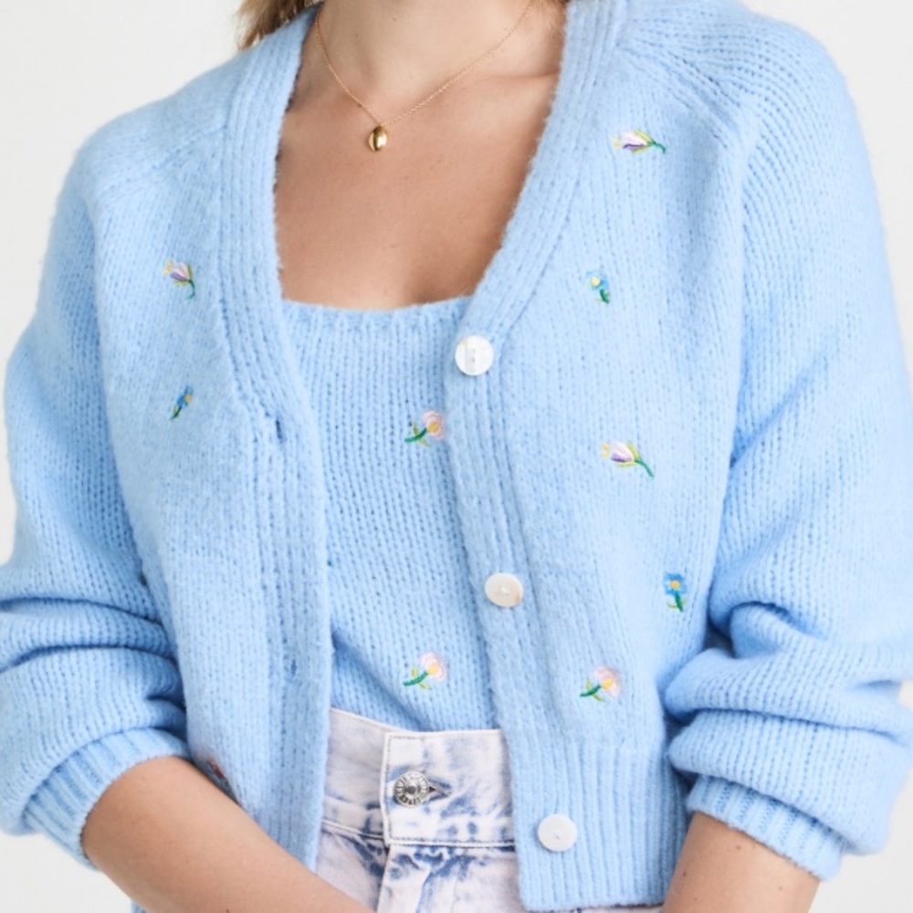 Women’s light blue cardigan with flower decals